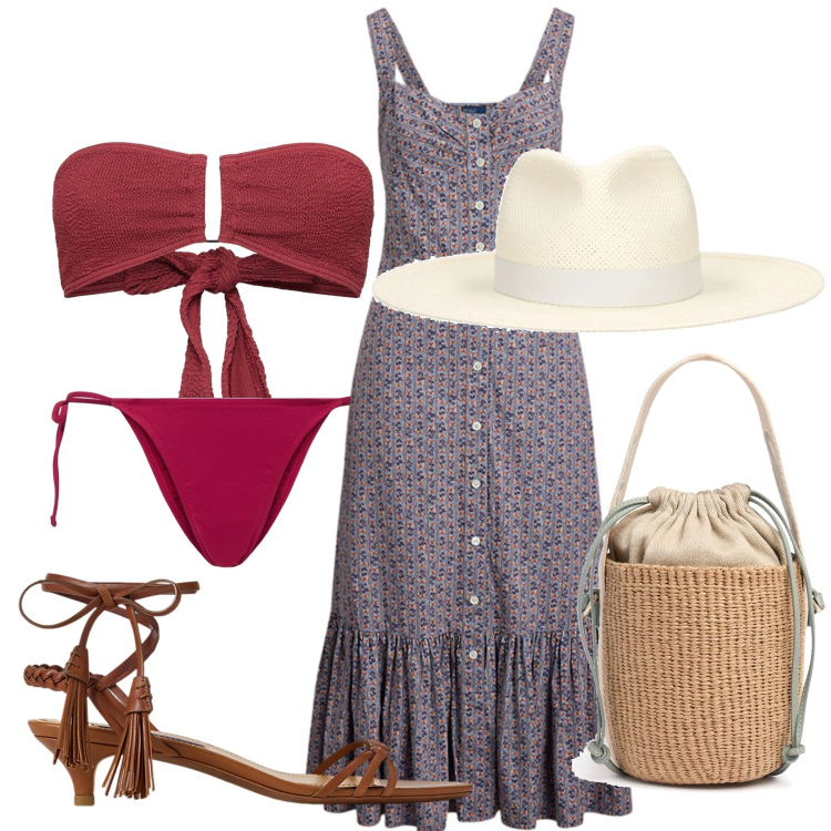 Outfit donna - Beach. Stile Glamour per Mare. Abbinamento con vestiti, sandali col tacco, bikini, bikini, borse a secchiello, cappelli.