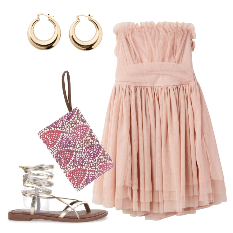 Outfit donna - Delicata e romantica. Stile Chic per Serata fuori. Abbinamento con orecchini, vestiti corti, sandali alla schiava, pochette.