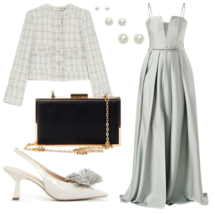 Outfit donna - La testimone. Stile Chic per Cerimonia. Abbinamento con pochette, vestiti, blazer, orecchini, décolleté.