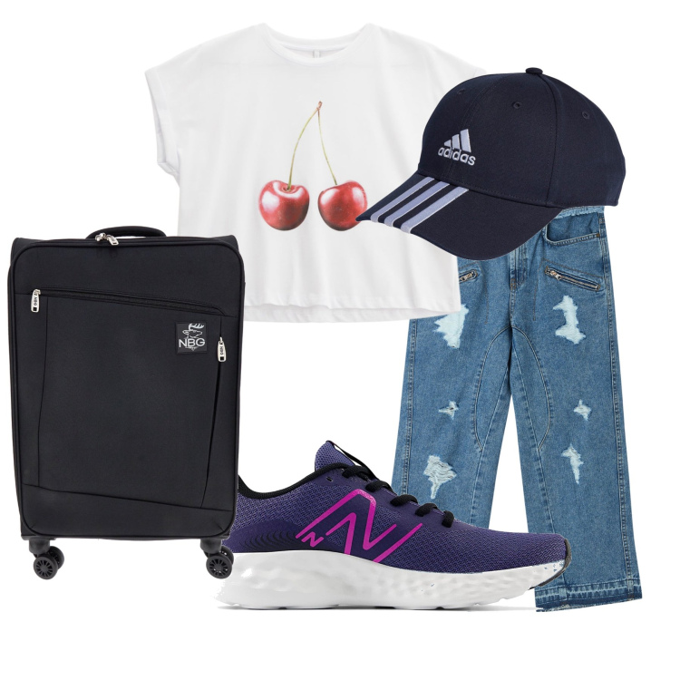 Outfit donna - Viaggio sportivo. Stile Casual per Tutti i giorni. Abbinamento con jeans strappati, t-shirt, cappelli con visiera, valigie, sneakers.