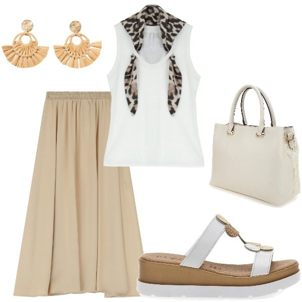 Outfit donna - Le serate d\'estate. Stile Casual per Serata fuori. Abbinamento con orecchini, top, gonne lunghe, sandali col tacco, borse a tracolla.