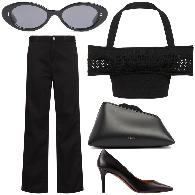 Outfit donna - Un top wow. Stile Chic per Serata fuori. Abbinamento con décolleté, pochette, top, jeans dritti, occhiali da sole.