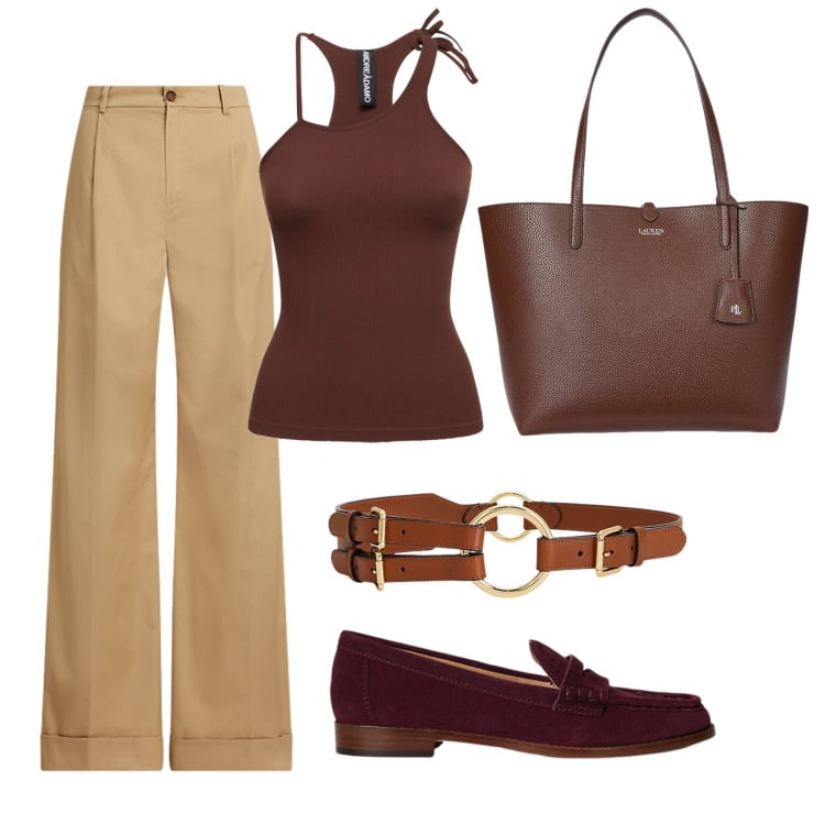 Outfit donna - Shopping in centro. Stile Casual per Tutti i giorni. Abbinamento con borse tote, pantaloni, mocassini, cinture, canottiere.