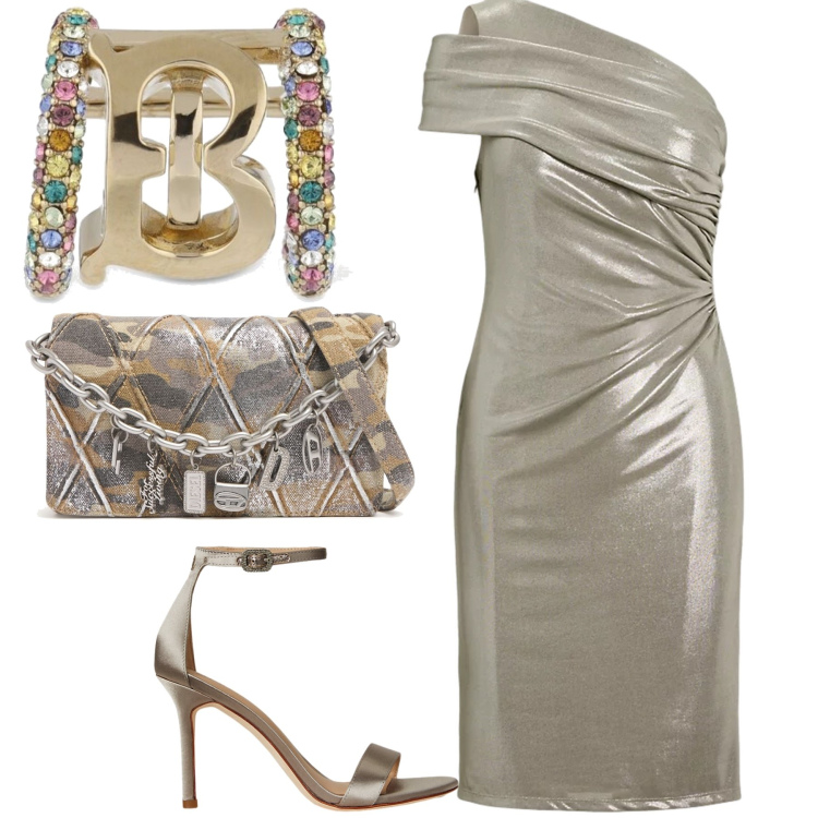 Outfit donna - Una dea in terra. Stile Glamour per Serata fuori. Abbinamento con vestiti asimmetrici, sandali col tacco, orecchini, pochette.