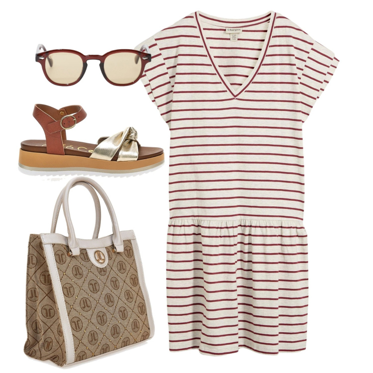 Outfit donna - Righe ironiche. Stile Bon Ton per Tutti i giorni. Abbinamento con vestiti, occhiali da sole, sandali, borse a spalla.