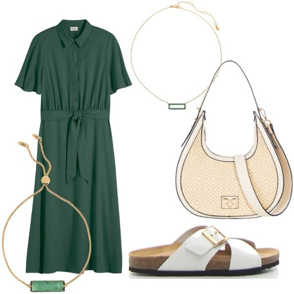 Outfit donna - Le serate d\'estate. Stile Casual per Serata fuori. Abbinamento con vestiti chemisier, borse a mano, braccialetti, collane, ciabatte.