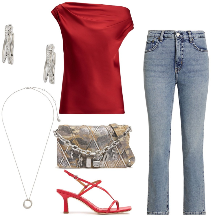Outfit donna - Aperitivo. Stile Casual per Tutti i giorni. Abbinamento con orecchini, top, ciondoli, jeans dritti, sandali in pelle, pochette.