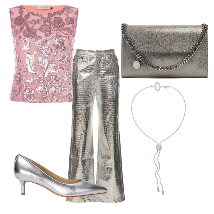 Outfit donna - Argentata. Stile Glamour per Serata fuori. Abbinamento con top, braccialetti, décolleté, pantaloni, pochette.