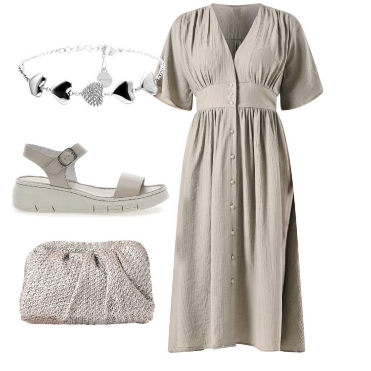 Outfit donna - Cuoricini. Stile Bon Ton per Tutti i giorni. Abbinamento con vestiti chemisier, clutch, braccialetti, sandali in pelle.