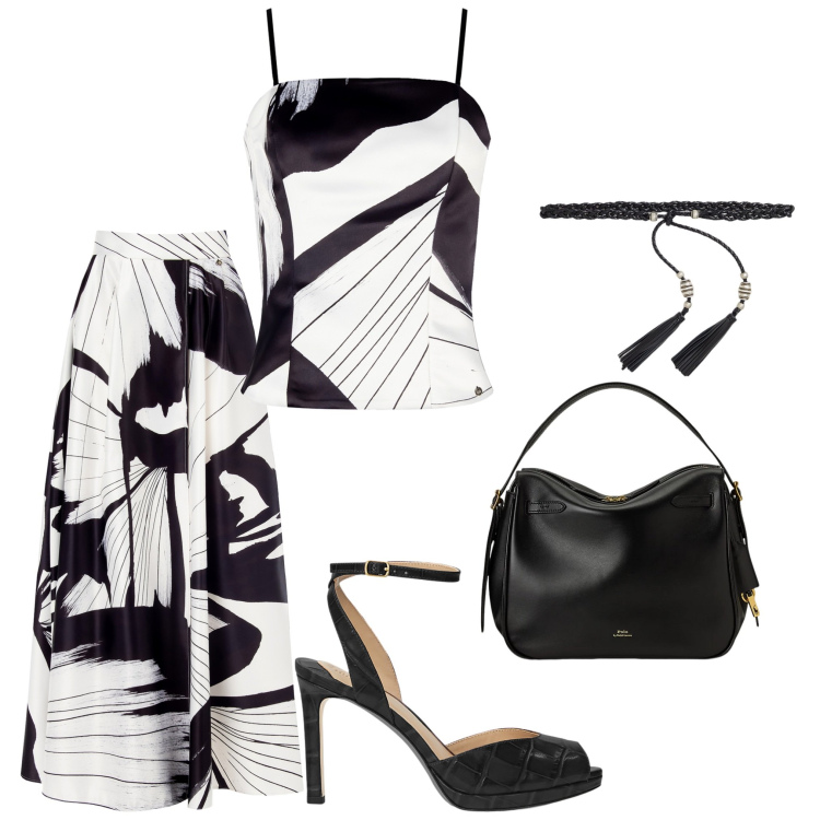 Outfit donna - Black and White. Stile Glamour per Tutti i giorni. Abbinamento con gonne lunghe, canottiere, borse a mano, cinture, sandali in pelle.