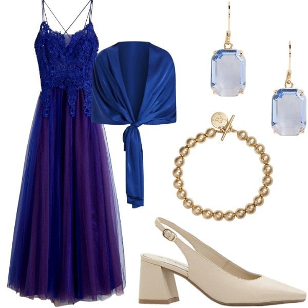 Outfit donna - Matrimonio di sera. Stile Glamour per Cerimonia. Abbinamento con vestiti lunghi, décolleté, stole, braccialetti, orecchini.