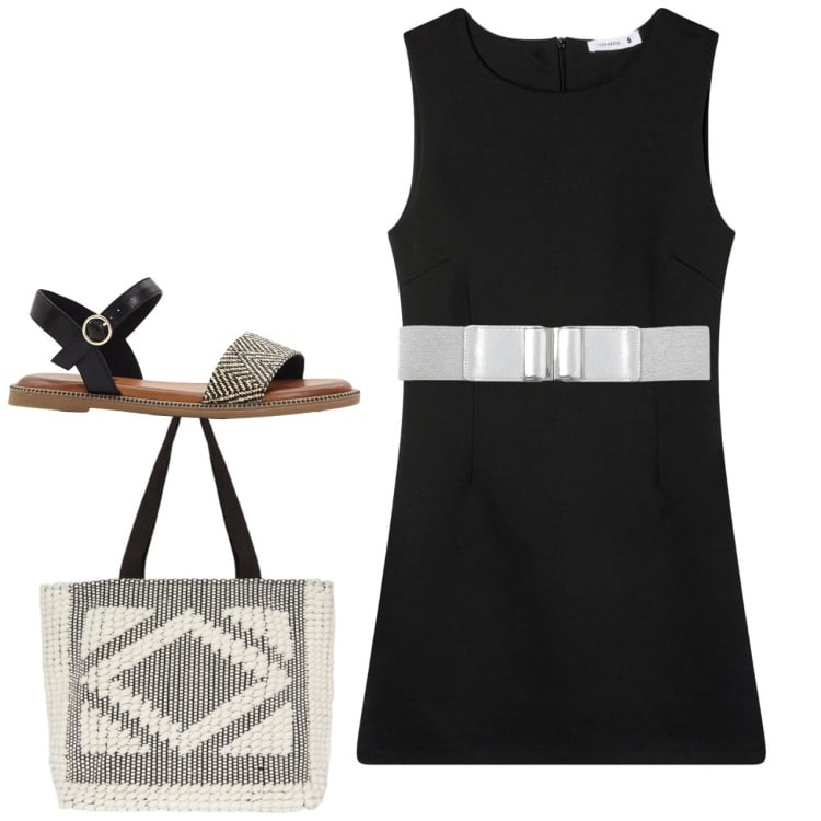Outfit donna - Semplice Semplice. Stile Minimal per Tutti i giorni. Abbinamento con sandali, vestiti senza maniche, cinture, shopping bag.