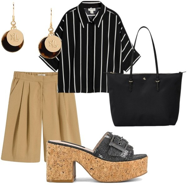 Outfit donna - Serata tra amici. Stile Casual chic per Serata fuori. Abbinamento con camicie a manica corta, bermuda, borse tote, orecchini, sandali.