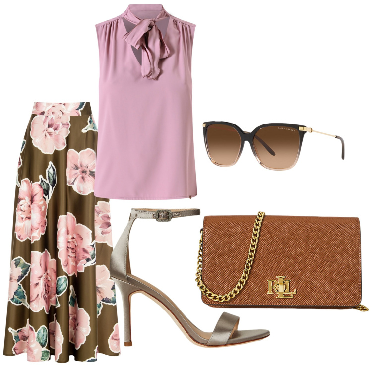 Outfit donna - Fiori rosa. Stile Casual chic per Tutti i giorni. Abbinamento con top, gonne, occhiali da sole, borse a tracolla, sandali col tacco.