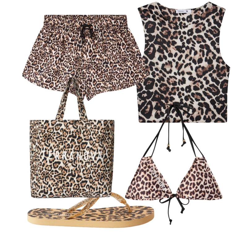 Outfit donna - Mare nella giungla. Stile Trendy per Mare. Abbinamento con top, shorts, bikini, borse tote, infradito.