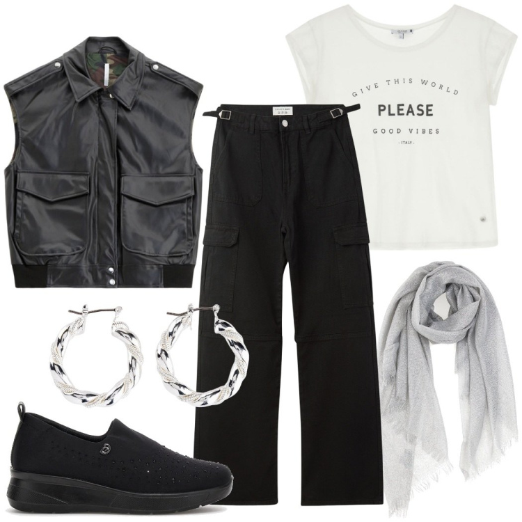 Outfit donna - Urban style. Stile Urban per Tutti i giorni. Abbinamento con orecchini, pantaloni cargo, t-shirt, gilet, sneakers, foulard.