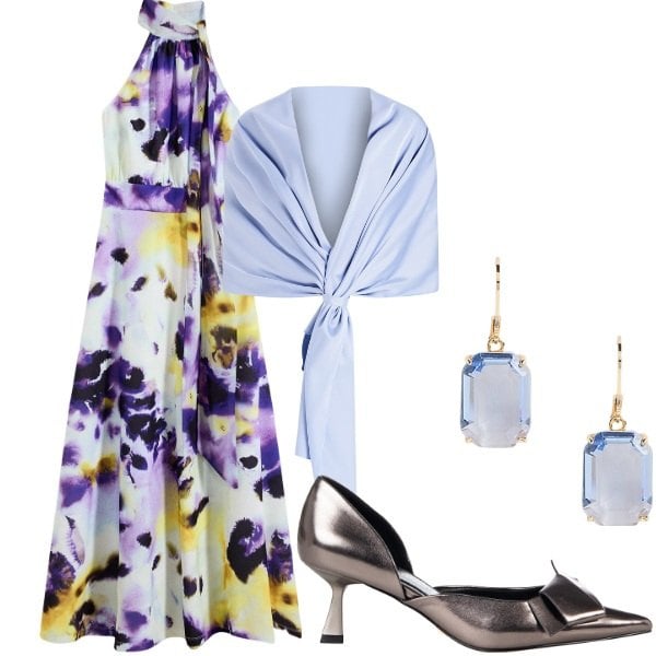 Outfit donna - Matrimonio di sera. Stile Glamour per Cerimonia. Abbinamento con vestiti lunghi, décolleté, stole, orecchini.