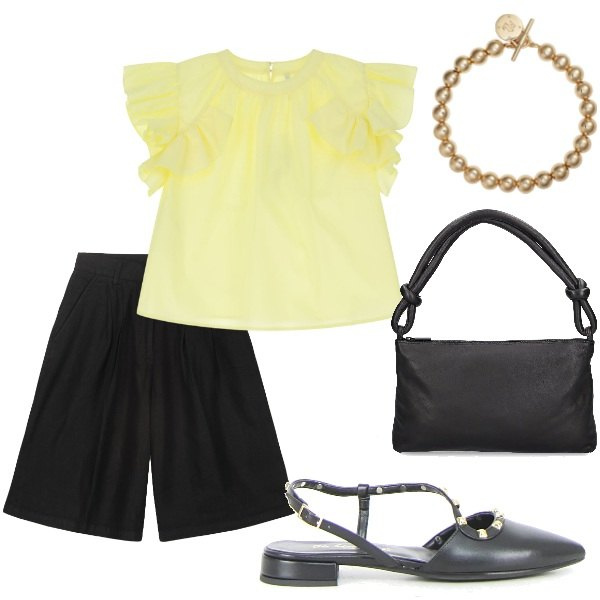 Outfit donna - A cena fuori. Stile Casual chic per Serata fuori. Abbinamento con bluse, braccialetti, bermuda, borse a spalla, sandali in pelle.