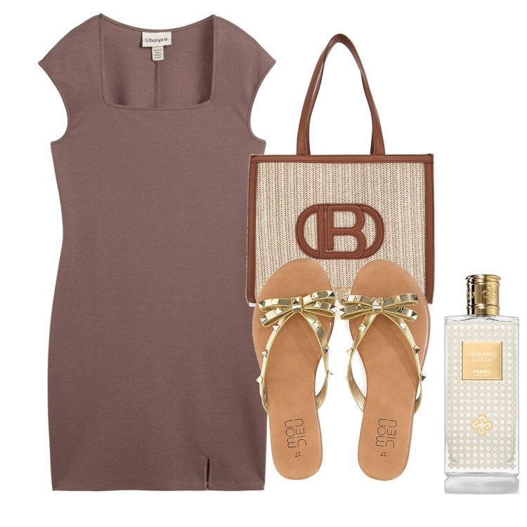 Outfit donna - I flat dorati. Stile Chic per Tutti i giorni. Abbinamento con vestiti corti, profumi, infradito, borse a spalla.