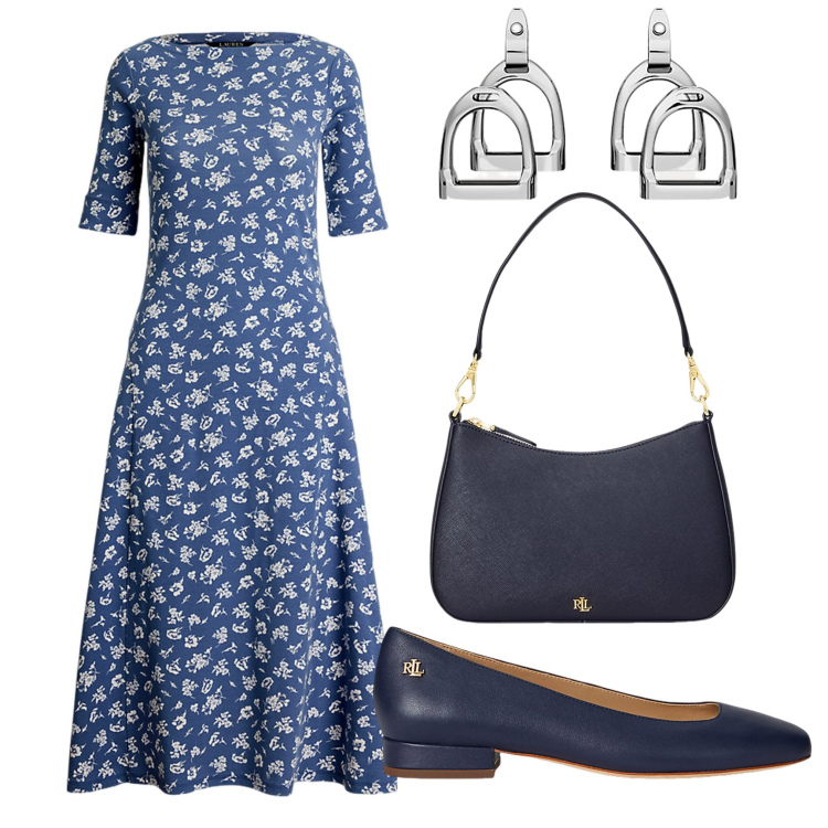 Outfit donna - Classica in blu. Stile Casual per Tutti i giorni. Abbinamento con vestiti, ballerine, orecchini, borse a spalla.