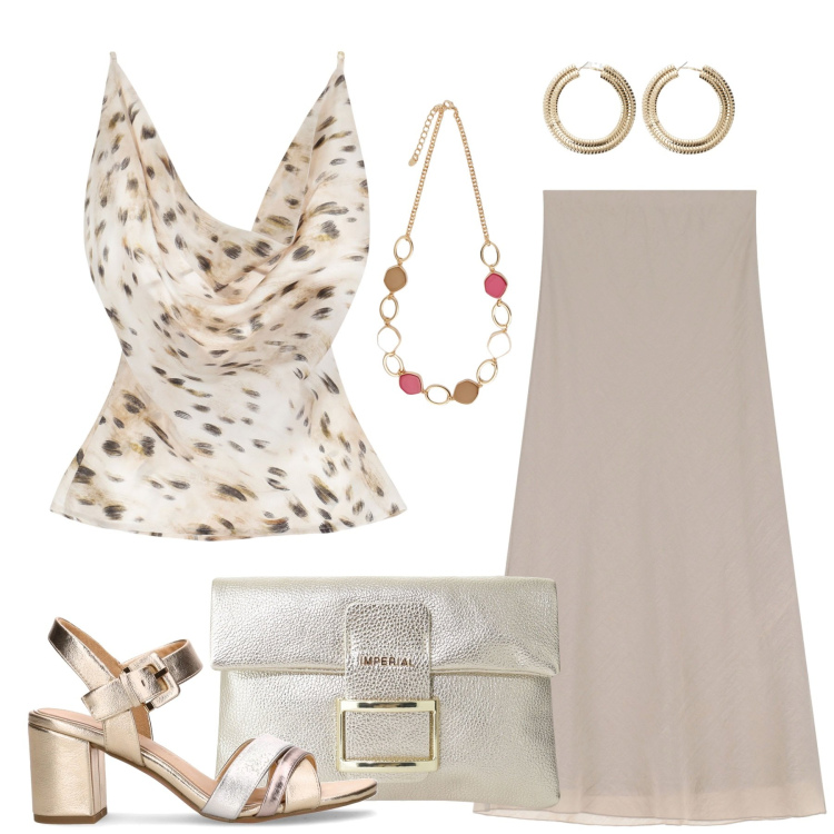 Outfit donna - Tocco di stile. Stile Chic per Tutti i giorni. Abbinamento con top, pochette, gonne lunghe, orecchini, collane, sandali col tacco.