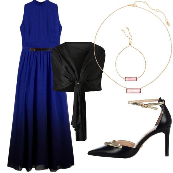 Outfit donna - Matrimonio di sera. Stile Glamour per Cerimonia. Abbinamento con vestiti, scialli, décolleté, collane, braccialetti.