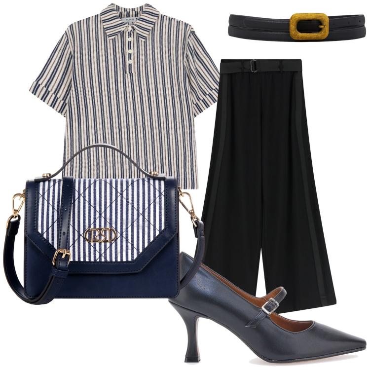 Outfit donna - Righe in ufficio. Stile Bon Ton per Ufficio. Abbinamento con borse a mano, t-shirt, pantaloni, décolleté, cinture.
