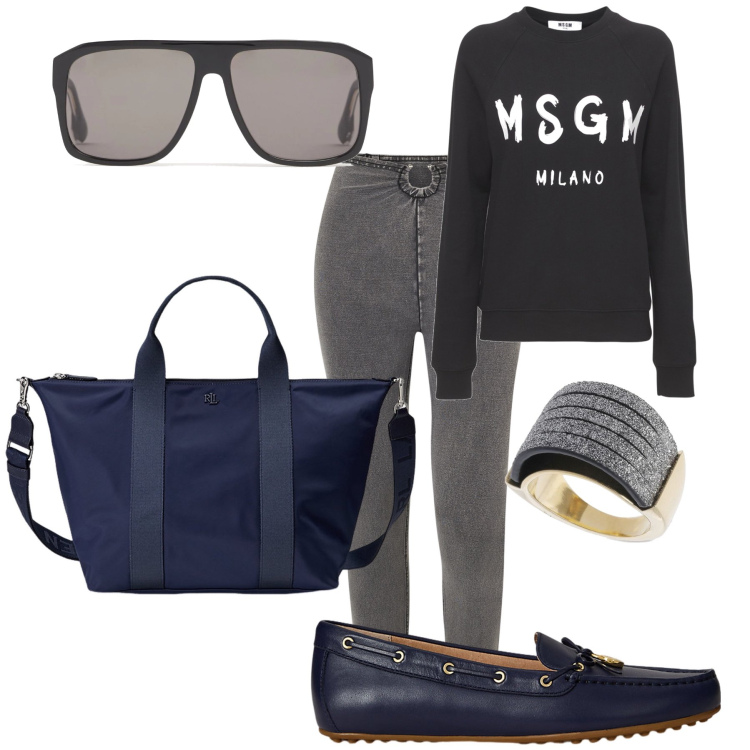 Outfit donna - Total look in montagna. Stile Basic per Tutti i giorni. Abbinamento con jeggings, borse tote, mocassini, anelli, occhiali da sole, felpe.