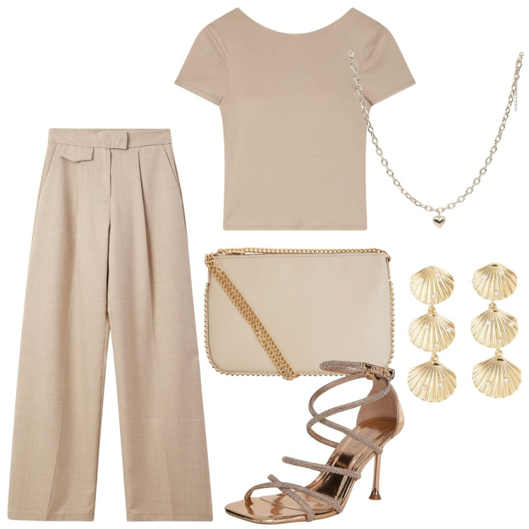 Outfit donna - Elegante e raffinata in vacanza. Stile Minimal per Tutti i giorni. Abbinamento con pantaloni, t-shirt, borse a tracolla, orecchini, collane, sandali col tacco.