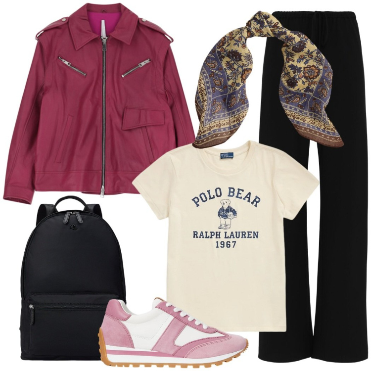 Outfit donna - Lezione all\' università. Stile Casual chic per Scuola/Università. Abbinamento con giacche, zaini, sneakers, t-shirt, foulard, pantaloni.