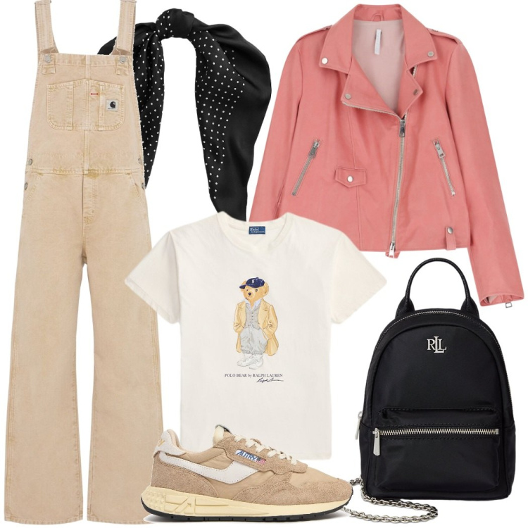 Outfit donna - Lezione all\' università. Stile Casual chic per Scuola/Università. Abbinamento con giacche, foulard, t-shirt, zaini, sneakers, salopette.