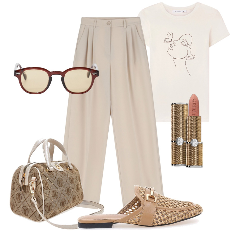 Outfit donna - Le mules svoltano il look. Stile Casual chic per Tutti i giorni. Abbinamento con rossetti, t-shirt, pantaloni, occhiali da sole, sabot, borse a mano.