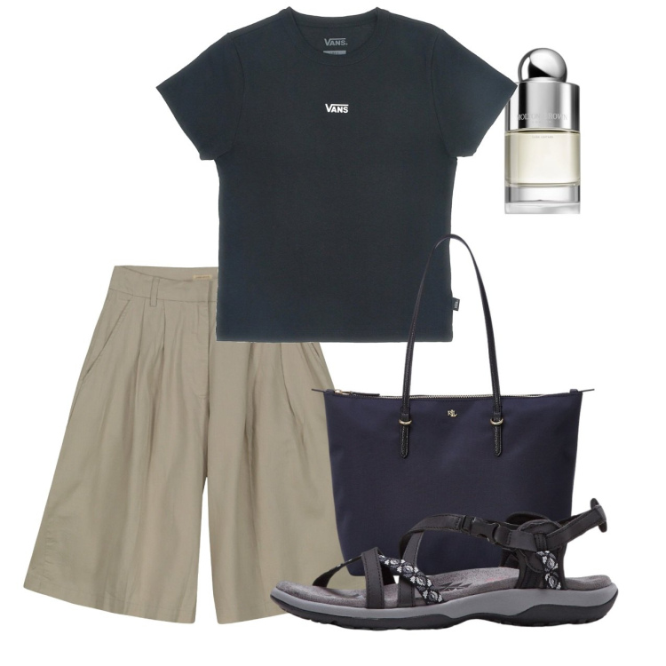 Outfit donna - Urban style. Stile Urban per Tutti i giorni. Abbinamento con sandali, profumi, borse tote, bermuda, t-shirt.