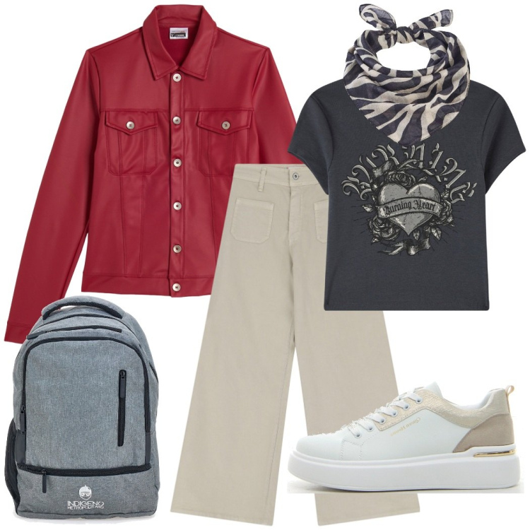 Outfit donna - A lezione. Stile Casual chic per Scuola/Università. Abbinamento con foulard, t-shirt, pantaloni, giacche, zaini, sneakers.