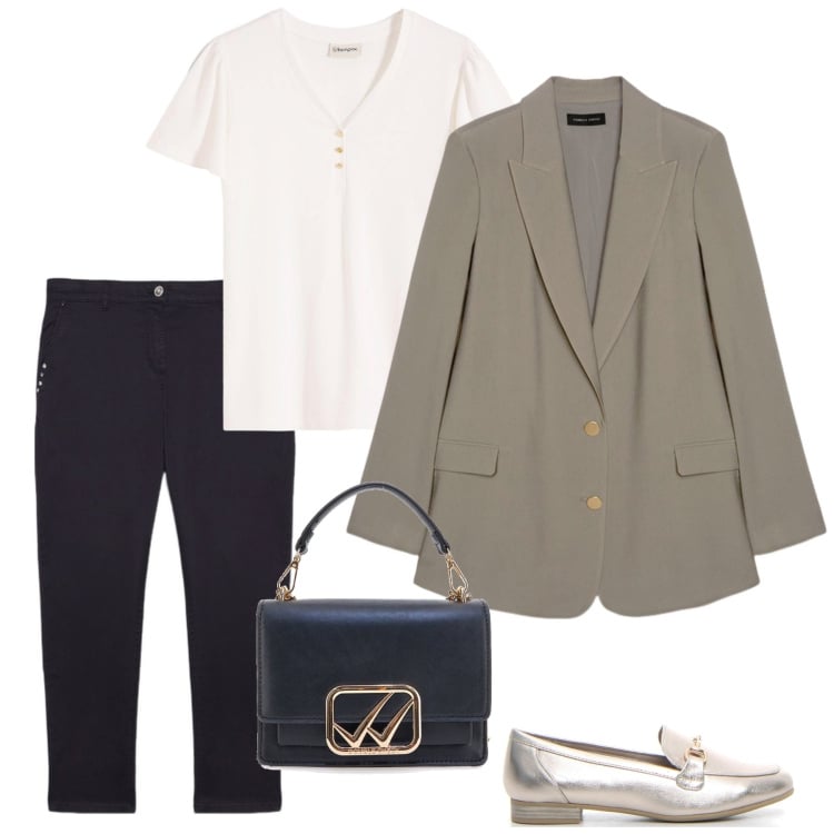 Outfit donna - Total look #2218200. Stile Casual per Ufficio. Abbinamento con t-shirt, blazer, pantaloni chino, mocassini, borse a tracolla.