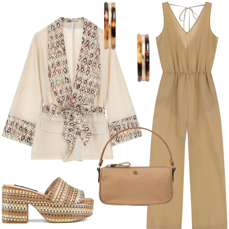 Outfit donna - Toni neutri da giorno. Stile Casual chic per Tutti i giorni. Abbinamento con tute, blazer, orecchini, pochette, zeppe.