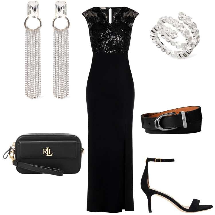 Outfit donna - Abito cut-out elegante. Stile Glamour per Serata fuori. Abbinamento con vestiti, braccialetti, pochette, sandali in pelle, orecchini, anelli.