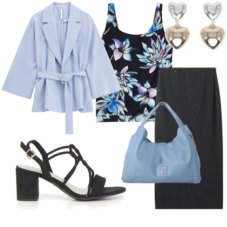 Outfit donna - Total look #2218217. Stile Bon Ton per Serata fuori. Abbinamento con top, orecchini, gonne longuette, blazer, pochette, sandali col tacco.