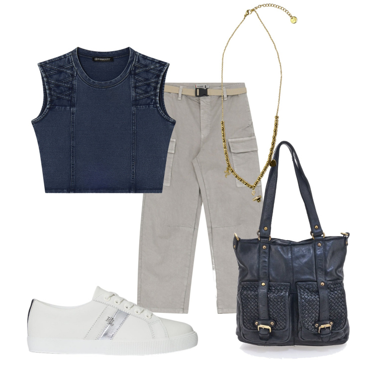 Outfit donna - Passeggiata al parco. Stile Casual per Tutti i giorni. Abbinamento con pantaloni chino, top, ciondoli, sneakers, borse a spalla.