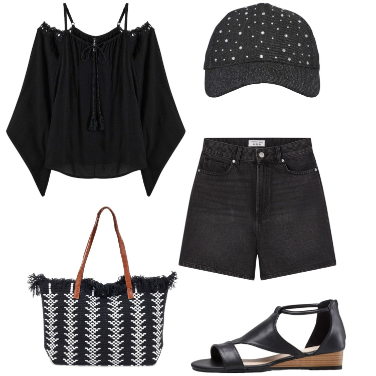 Outfit donna - Total look #2218258. Stile Rock per Mare. Abbinamento con bluse, sandali, bermuda, cappelli, borse a spalla.