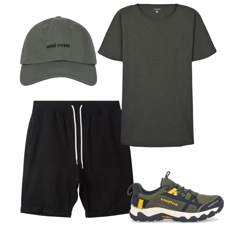 Outfit uomo - Sempre sportivo. Stile Casual per Tutti i giorni. Abbinamento con cappelli con visiera, pantaloni corti, t-shirt, stivali e stivaletti.