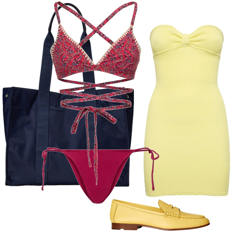 Outfit donna - Miss costume. Stile Casual per Mare. Abbinamento con borse tote, mocassini, vestiti, bikini, bikini.