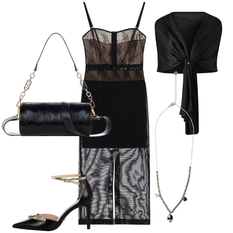 Outfit donna - Total look #2218293. Stile Glamour per Serata fuori. Abbinamento con scialli, décolleté, borse a mano, vestiti midi/longuette, ciondoli.