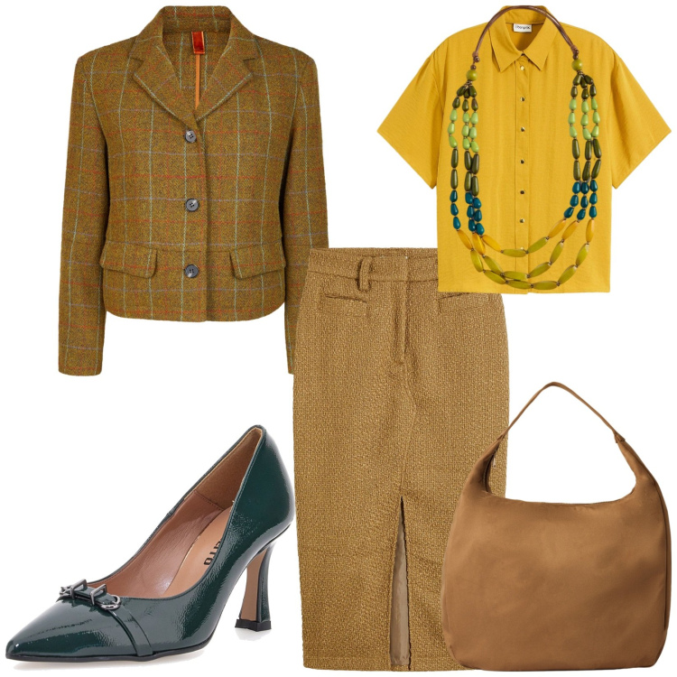 Outfit donna - Total look #2218306. Stile Vintage retrò per Ufficio. Abbinamento con gonne longuette, camicie, borse a mano, décolleté, collane, blazer.