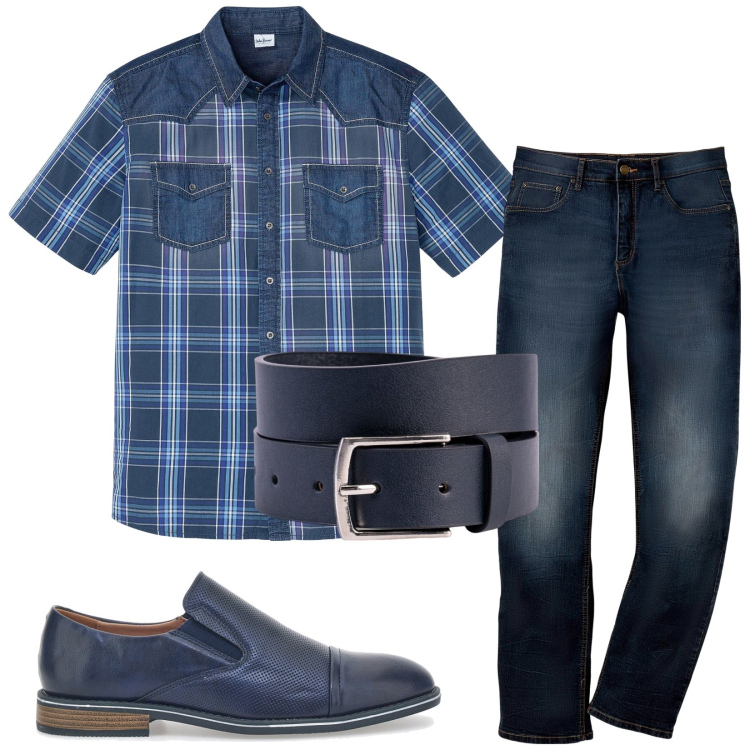 Outfit uomo - Total look #2218322. Stile Urban per Tutti i giorni. Abbinamento con jeans dritti, camicie a manica corta, scarpe stringate, cinture.