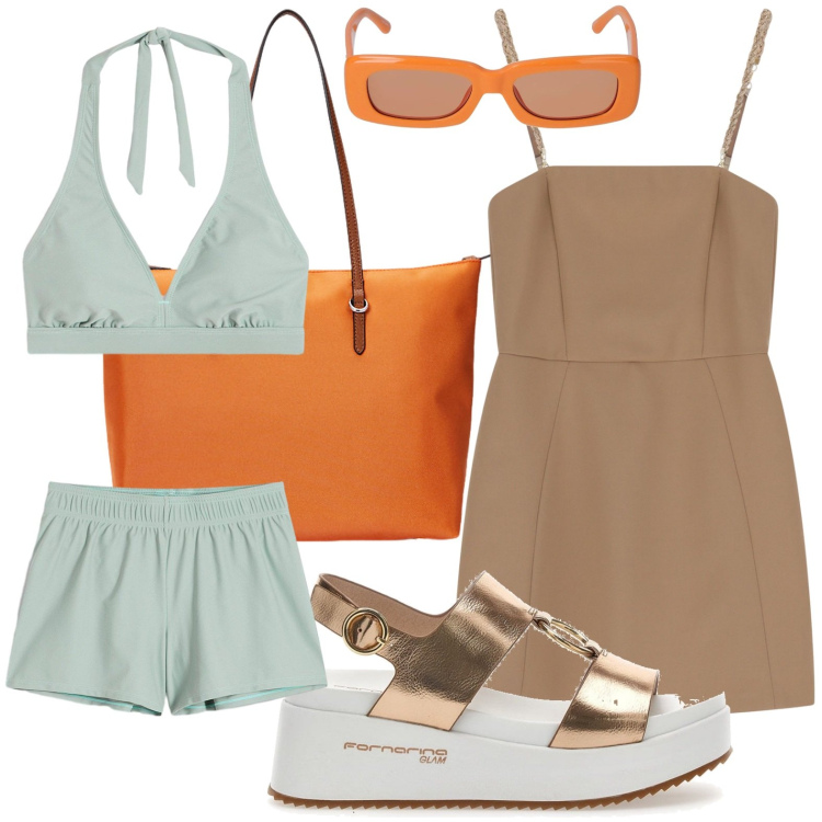 Outfit donna - Eleganza estiva. Stile Basic per Mare. Abbinamento con bikini, vestiti corti, borse tote, sandali, occhiali da sole.