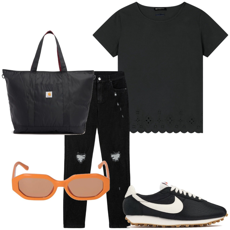 Outfit donna - Total look #2218326. Stile Casual per Tutti i giorni. Abbinamento con jeans skinny, t-shirt, occhiali da sole, sneakers, shopping bag.