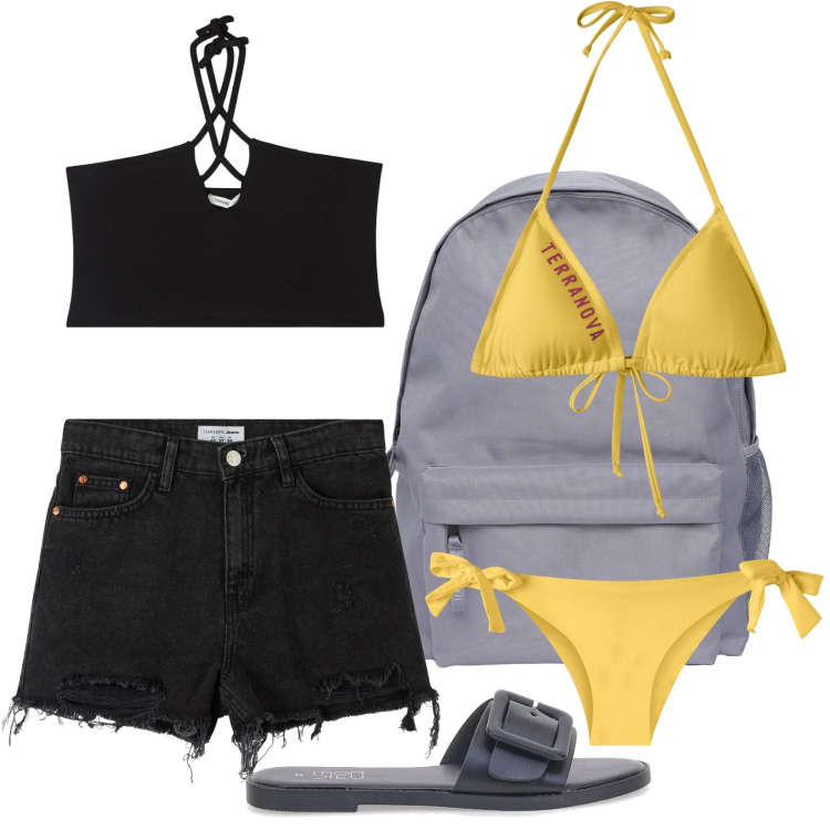 Outfit donna - Rock sea. Stile Rock per Mare. Abbinamento con shorts, zaini, top, bikini, bikini, ciabatte.