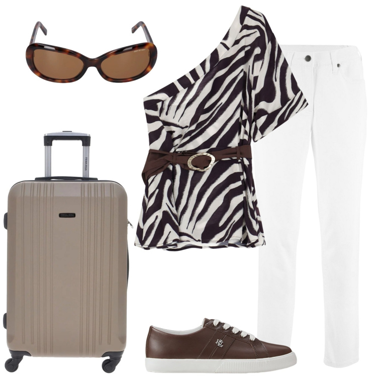 Outfit donna - Destinazione spa. Stile Casual chic per Tutti i giorni. Abbinamento con pantaloni, top, sneakers, valigie, occhiali da sole.