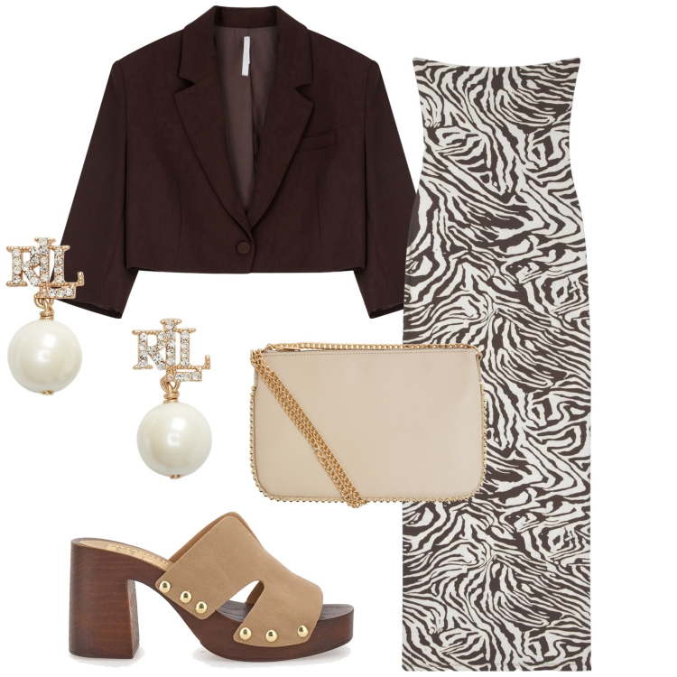 Outfit donna - Total look #2218426. Stile Sexy per Serata fuori. Abbinamento con borse a tracolla, vestiti lunghi, blazer, orecchini, sabot.